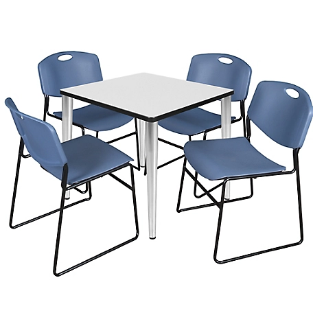 Regency Kahlo 30 in. Square Breakroom Table Top, Chrome Base & 4 Blue Zeng Stack Chairs