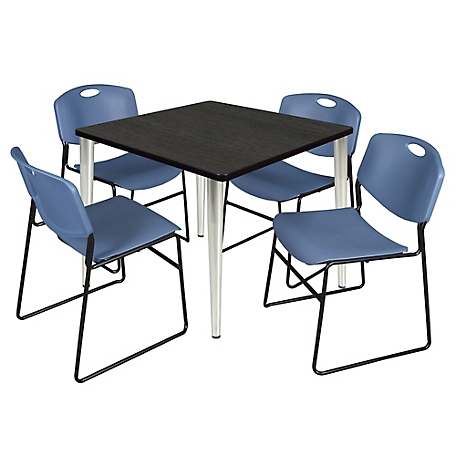 Regency Kahlo 36 in. Square Breakroom Table Top, Chrome Base & 4 Blue Zeng Stack Chairs