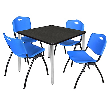Regency Kahlo 36 in. Square Breakroom Table Top, Chrome Base & 4 Blue M Stack Chairs