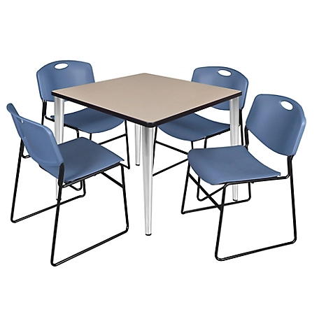 Regency Kahlo 36 in. Square Breakroom Table Top, Chrome Base & 4 Blue Zeng Stack Chairs