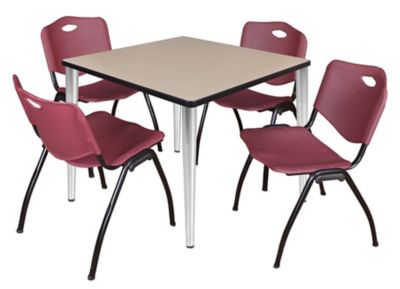 Regency Kahlo Square Breakroom Table with 4 M Stack Chairs, 36 in., Chrome/Burgundy