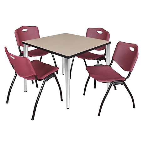 Regency Kahlo 36 in. Square Breakroom Table Top, Chrome Base & 4 Burgundy M Stack Chairs