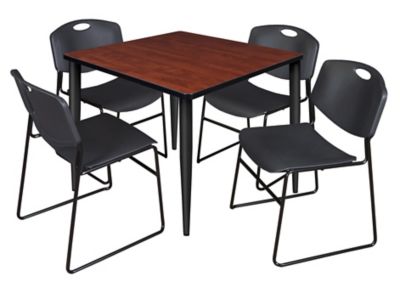 Regency Kahlo 36 in. Square Breakroom Table Top, Black Base & 4 Black Zeng Stack Chairs