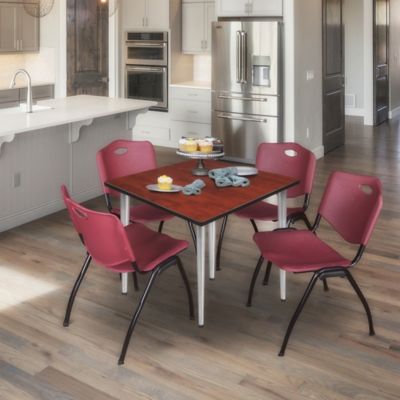 Image showing  Kahlo Square Breakroom Table with 4 M Stack Chairs, 36 in., Chrome/Burgundy