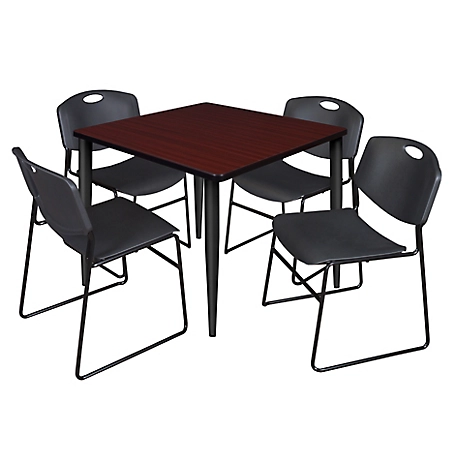 Regency Kahlo 36 in. Square Breakroom Table Top, Black Base & 4 Black Zeng Stack Chairs