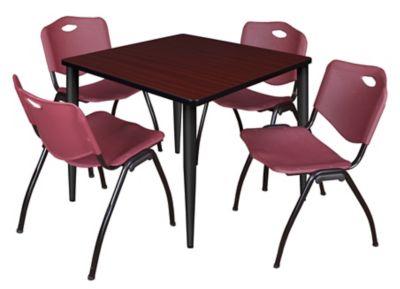 Regency Kahlo Square Breakroom Table with 4 M Stack Chairs, 36 in., Black/Burgundy