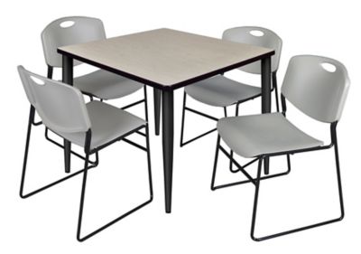 Regency Kahlo 36 in. Square Breakroom Table Top, Black Base & 4 Grey Zeng Stack Chairs