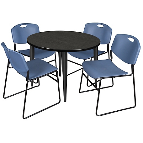 Regency Kahlo 36 in. Round Breakroom Table Top, Black Base & 4 Blue Zeng Stack Chairs