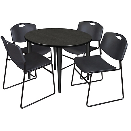Regency Kahlo 36 in. Round Breakroom Table Top, Black Base & 4 Black Zeng Stack Chairs