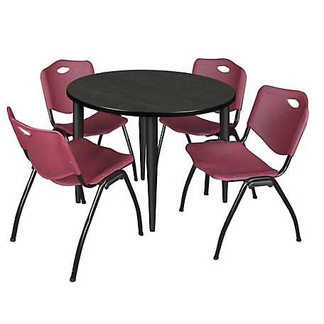 Regency Kahlo 36 in. Round Breakroom Table Top, Black Base & 4 Burgundy M Stack Chairs