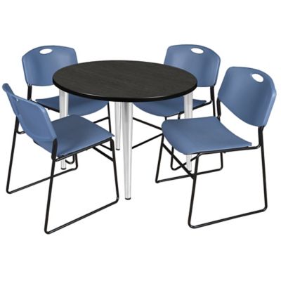 Regency Kahlo Round Breakroom Table with 4 Zeng Stack Chairs, 36 in., Chrome/Blue