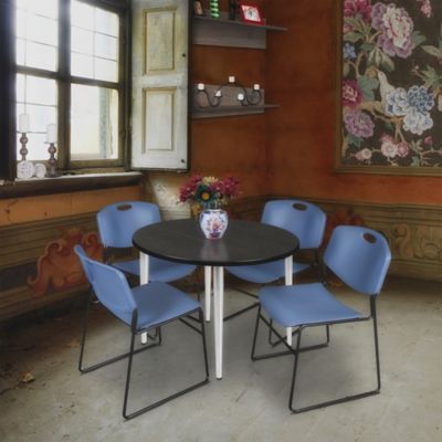 Image showing  Kahlo Round Breakroom Table with 4 Zeng Stack Chairs, 36 in., Chrome/Blue