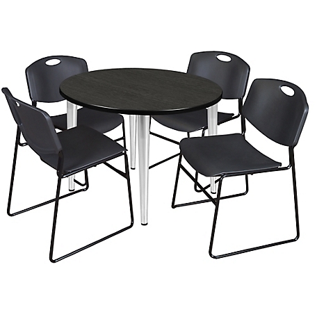 Regency Kahlo 36 in. Round Breakroom Table Top, Chrome Base & 4 Black Zeng Stack Chairs