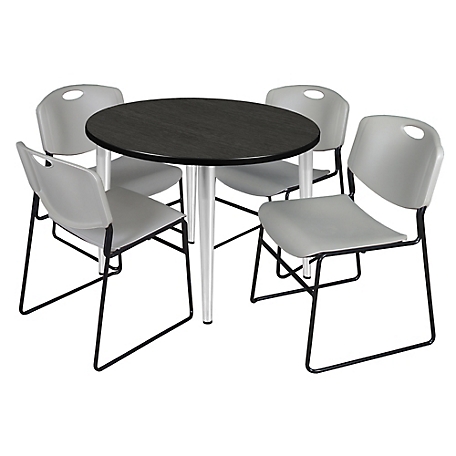 Regency Kahlo 36 in. Round Breakroom Table Top, Chrome Base & 4 Grey Zeng Stack Chairs