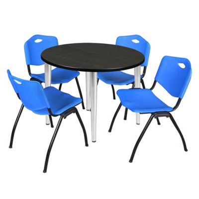 Regency Kahlo Round Breakroom Table with 4 M Stack Chairs, 36 in., Chrome/Blue