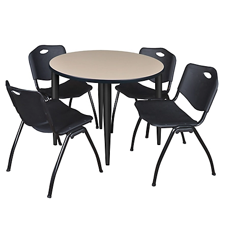 Regency Kahlo 36 in. Round Breakroom Table Top, Black Base & 4 Black M Stack Chairs