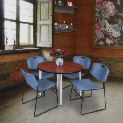 Image showing  Kahlo Round Breakroom Table with 4 Zeng Stack Chairs, 36 in., Chrome/Blue