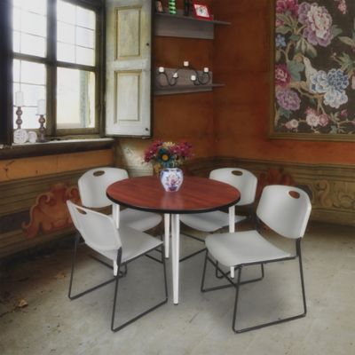 Image showing  Kahlo Round Breakroom Table with 4 Zeng Stack Chairs, 36 in., Chrome/Gray