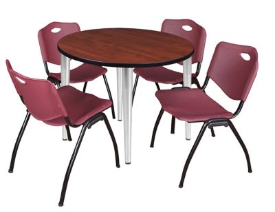 Regency Kahlo 36 in. Round Breakroom Table Top, Chrome Base & 4 Burgundy M Stack Chairs