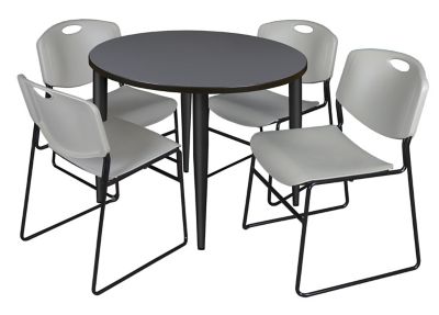 Regency Kahlo Round Breakroom Table with 4 Zeng Stack Chairs, 36 in., Black/Gray