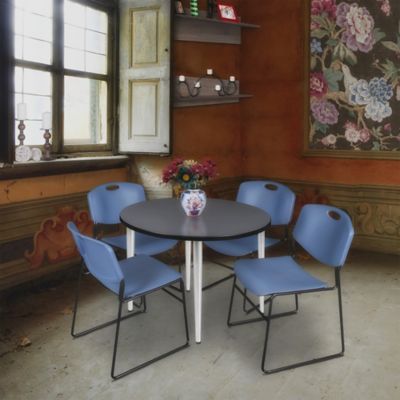 Image showing  Kahlo Round Breakroom Table with 4 Zeng Stack Chairs, 36 in., Chrome/Blue