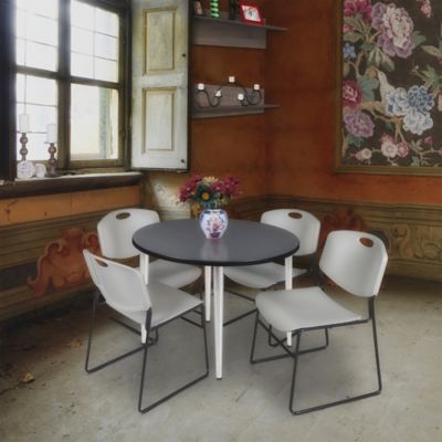 Image showing  Kahlo Round Breakroom Table with 4 Zeng Stack Chairs, 36 in., Chrome/Gray