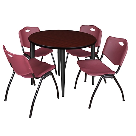 Regency Kahlo 36 in. Round Breakroom Table Top, Black Base & 4 Burgundy M Stack Chairs