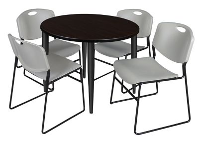 Regency Kahlo 36 in. Round Breakroom Table Top, Black Base & 4 Grey Zeng Stack Chairs