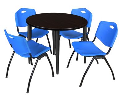 Regency Kahlo 36 in. Round Breakroom Table Top, Black Base & 4 Blue M Stack Chairs