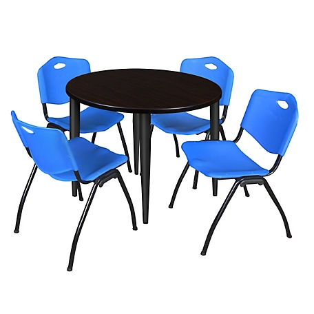 Regency Kahlo 36 in. Round Breakroom Table Top, Black Base & 4 Blue M Stack Chairs