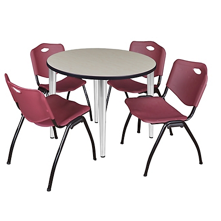 Regency Kahlo 36 in. Round Breakroom Table Top, Chrome Base & 4 Burgundy M Stack Chairs