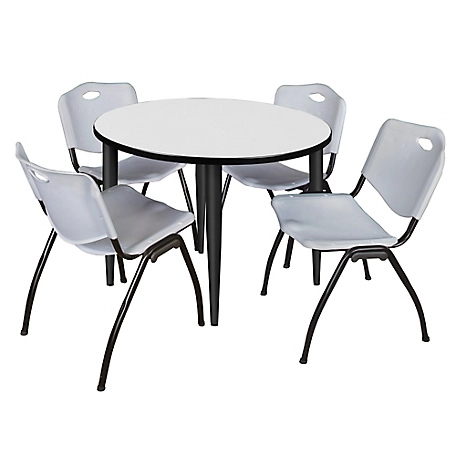 Regency Kahlo 36 in. Round Breakroom Table Top, Black Base & 4 Grey M Stack Chairs