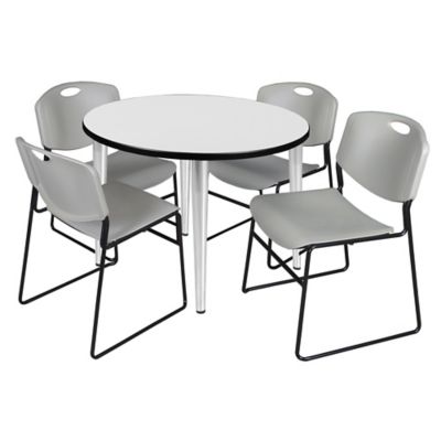 Regency Kahlo 36 in. Round Breakroom Table Top, Chrome Base & 4 Grey Zeng Stack Chairs