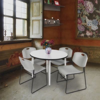 Image showing  Kahlo Round Breakroom Table with 4 Zeng Stack Chairs, 36 in., Chrome/Gray