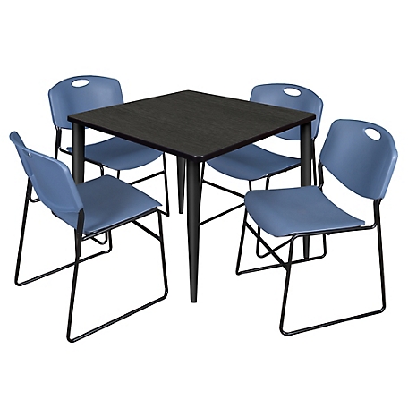 Regency Kahlo 42 in. Square Breakroom Table Top, Black Base & 4 Blue Zeng Stack Chairs