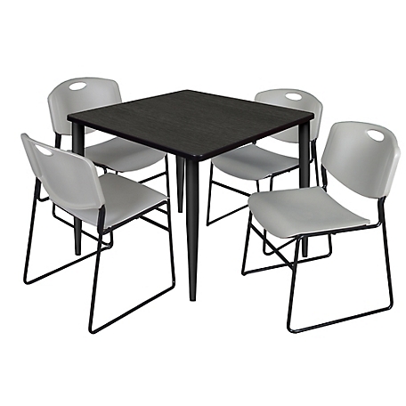 Regency Kahlo 42 in. Square Breakroom Table Top, Black Base & 4 Grey Zeng Stack Chairs