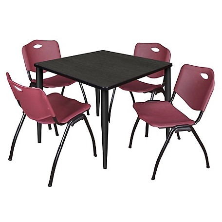 Regency Kahlo 42 in. Square Breakroom Table Top, Black Base & 4 Burgundy M Stack Chairs