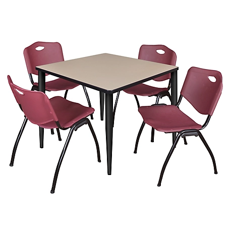 Regency Kahlo 42 in. Square Breakroom Table Top, Black Base & 4 Burgundy M Stack Chairs