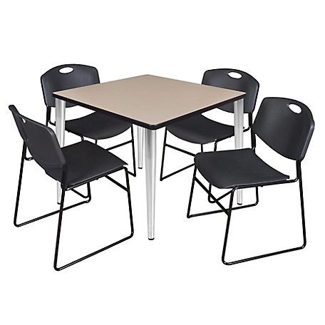Regency Kahlo 42 in. Square Breakroom Table Top, Chrome Base & 4 Black Zeng Stack Chairs