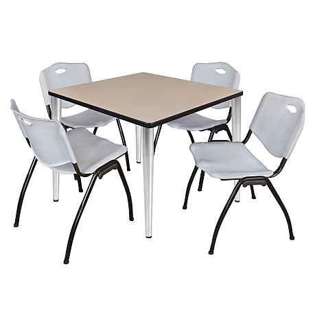 Regency Kahlo 42 in. Square Breakroom Table Top, Chrome Base & 4 Grey M Stack Chairs