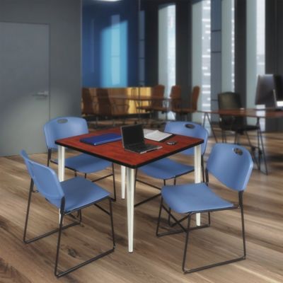 Image showing  Kahlo Square Breakroom Table with 4 Zeng Stack Chairs, 42 in., Chrome/Blue