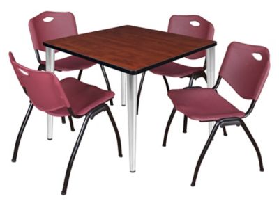Regency Kahlo 42 in. Square Breakroom Table Top, Chrome Base & 4 Burgundy M Stack Chairs