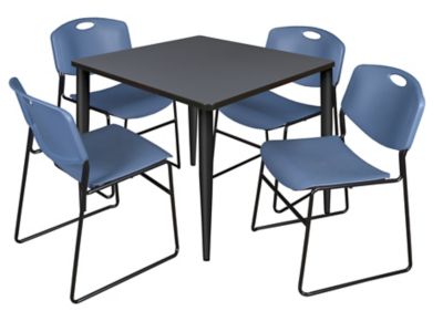 Regency Kahlo 42 in. Square Breakroom Table Top, Black Base & 4 Blue Zeng Stack Chairs