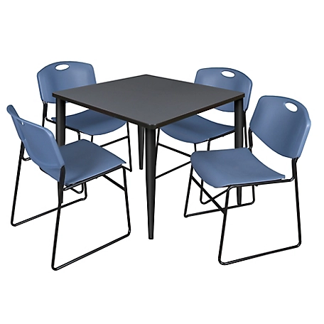 Regency Kahlo 42 in. Square Breakroom Table Top, Black Base & 4 Blue Zeng Stack Chairs
