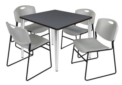 Regency Kahlo 42 in. Square Breakroom Table Top, Chrome Base & 4 Grey Zeng Stack Chairs