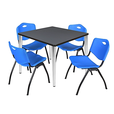 Regency Kahlo 42 in. Square Breakroom Table Top, Chrome Base & 4 Blue M Stack Chairs