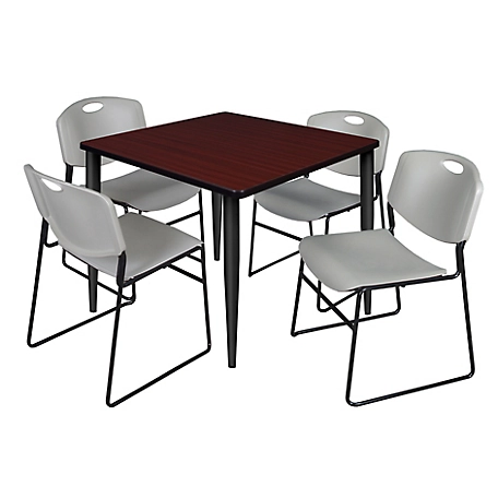 Regency Kahlo 42 in. Square Breakroom Table Top, Black Base & 4 Grey Zeng Stack Chairs