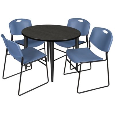 Regency Kahlo 42 in. Round Breakroom Table Top, Black Base & 4 Blue Zeng Stack Chairs