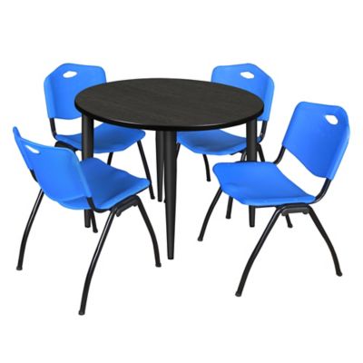 Regency Kahlo 42 in. Round Breakroom Table Top, Black Base & 4 Blue M Stack Chairs