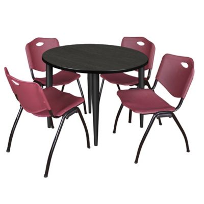 Regency Kahlo 42 in. Round Breakroom Table Top, Black Base & 4 Burgundy M Stack Chairs